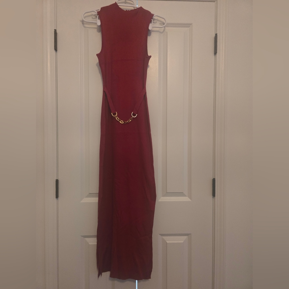 Fashion Nova Red Maxi Dress with Gold Chain Detail